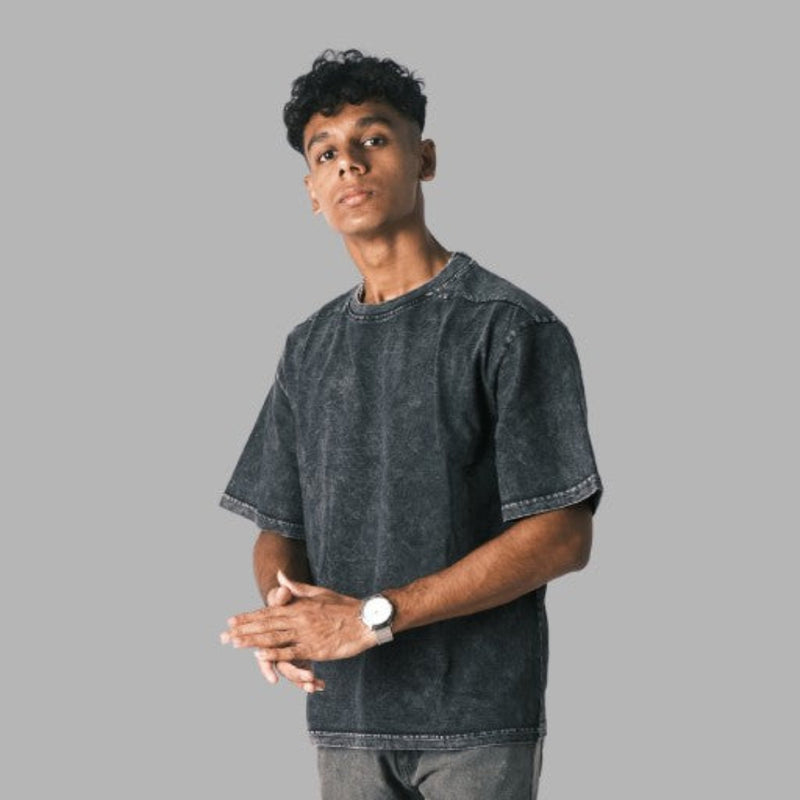 Oversized Crew : Black Acid wash
